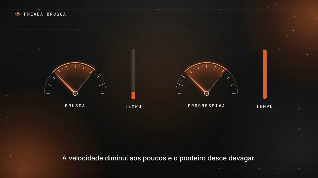 Quadro final da Freada Brusca: dois velocímetros, Brusca e Progressiva, com barras de tempo