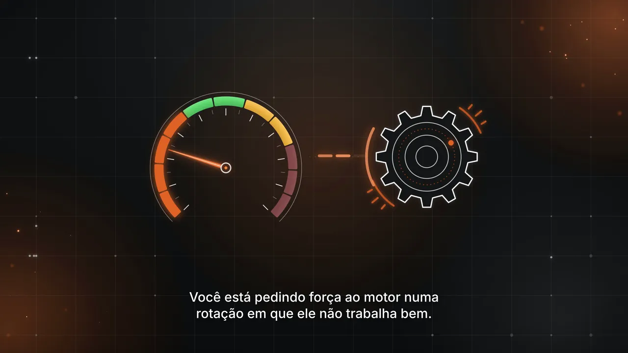 Quadro final da Batendo Transmissão: conta-giros ligado à engrenagem, com faíscas