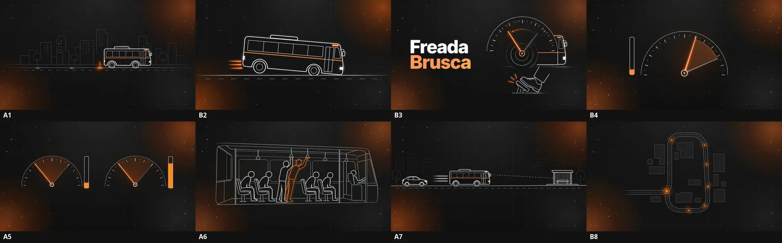 Folha de storyboard da Freada Brusca, oito quadros: ônibus na cidade, pé no freio, velocímetros e passageiros