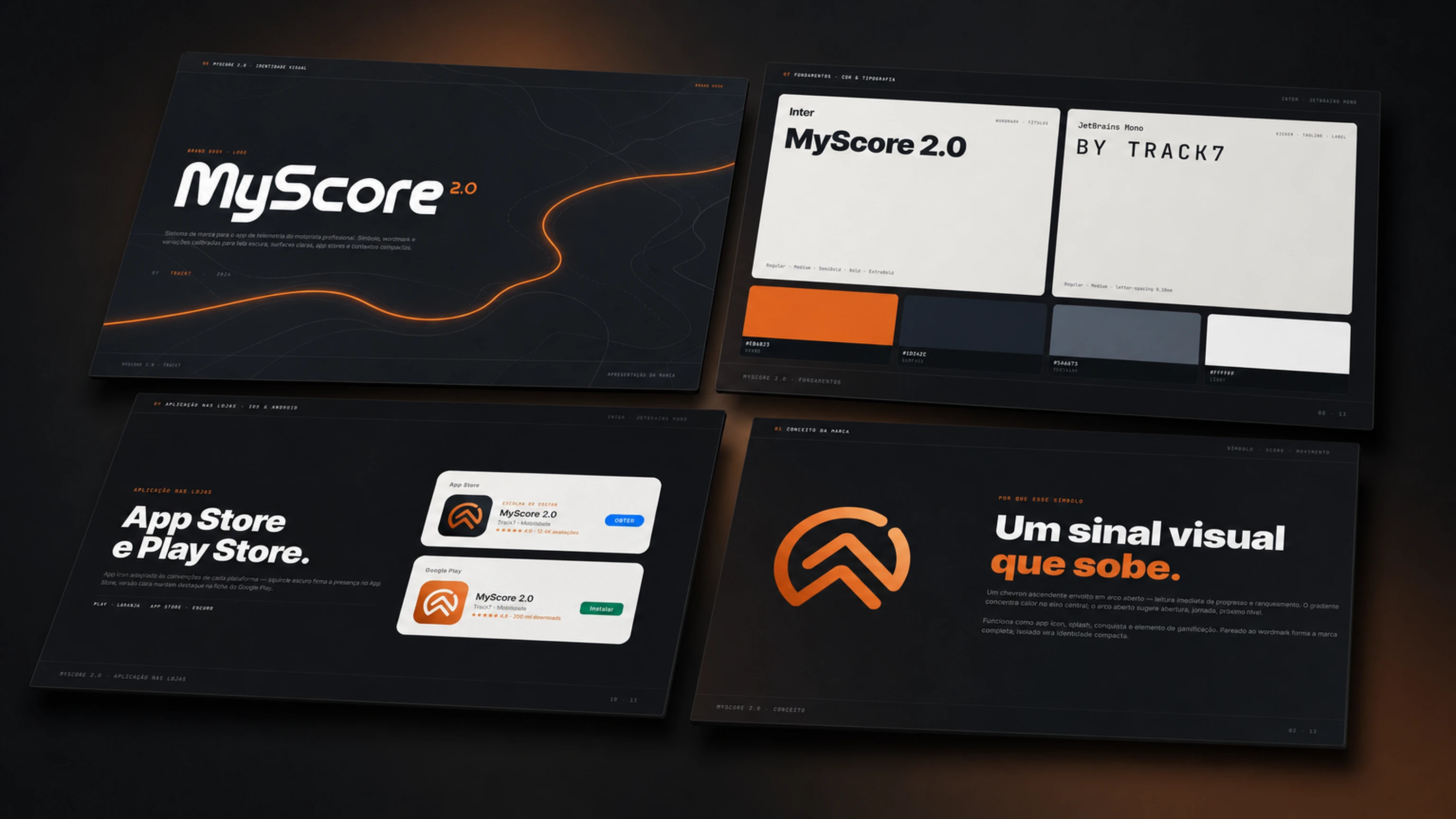 Páginas do brand book MyScore 2.0 flutuando em perspectiva
