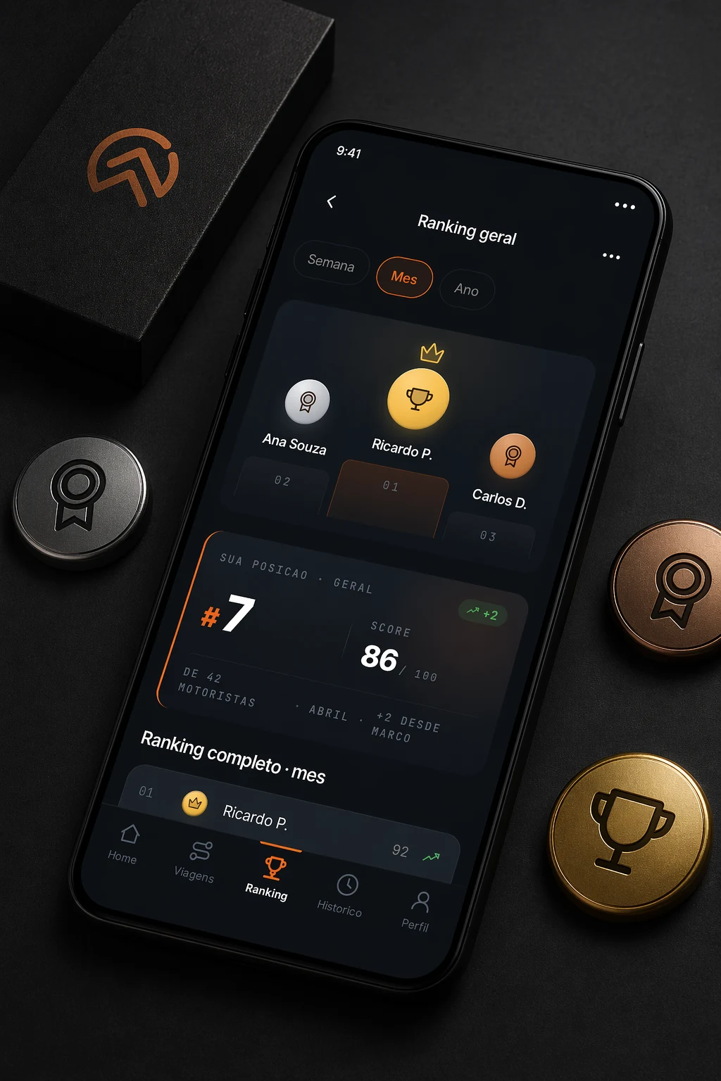 Mockup do app MyScore mostrando o ranking geral, com medalhas e a caixa da marca