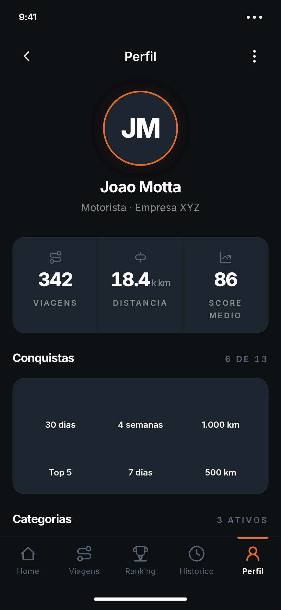 Perfil do motorista, conquistas e categorias