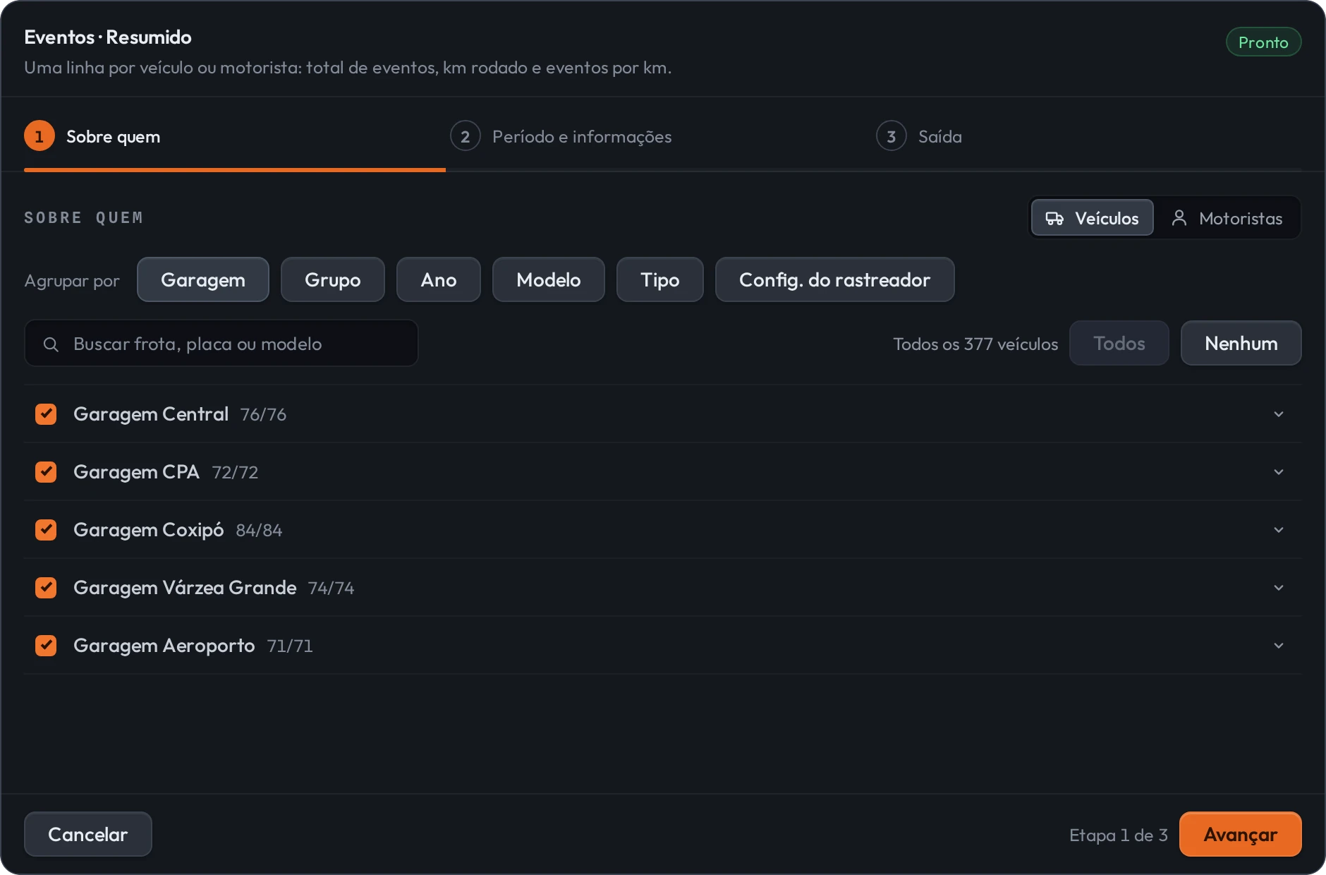 Modal do assistente de relatório na etapa Sobre quem